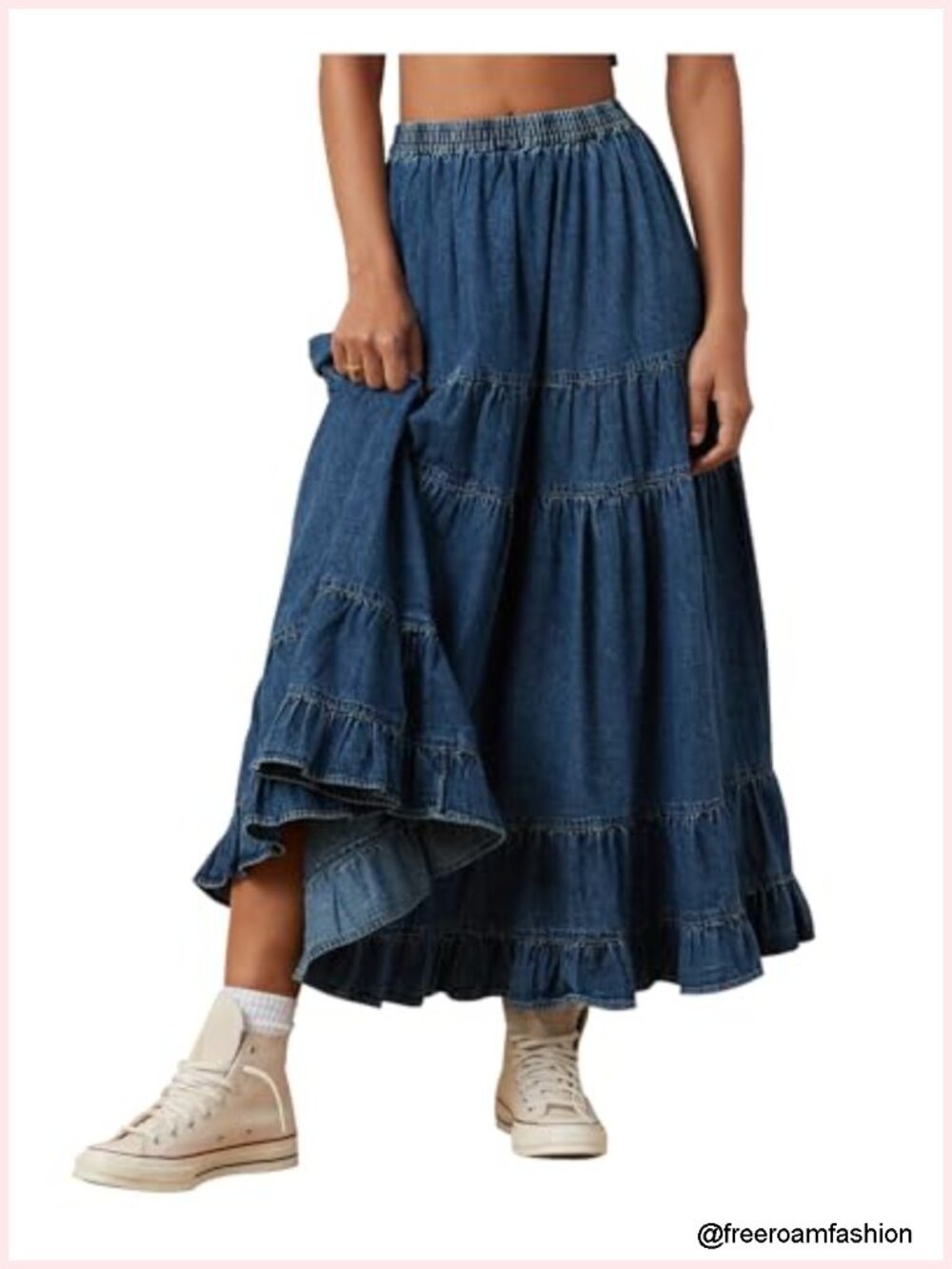 Women's Swing Chambray Maxi Skirt Pleated Tiered High Waist Denim Skirt